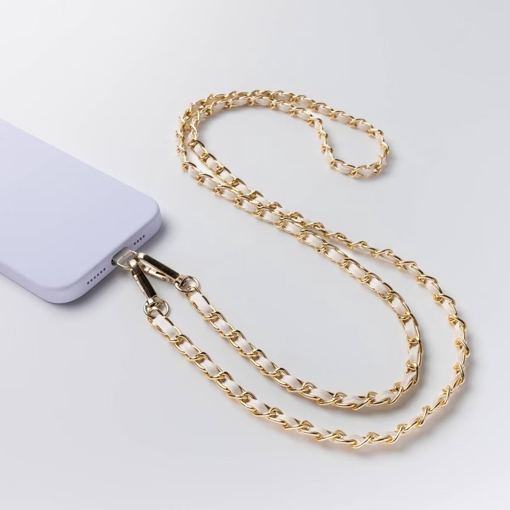 Phone Crossbody Strap; Golden Chain with Beige Faux Leather; NIB